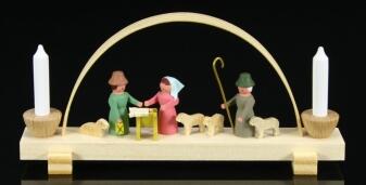 Schwibbogen – detailreiche Heilige Nacht mit bunt lasierten Figuren, naturfarbener Holzrahmen –