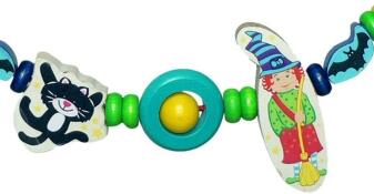 Wagenkette – bunte Hexe mit liebevoll gestalteten Holzbausteinen ohne Clipse – BxHxT 52 x 8,5 x 2,5 