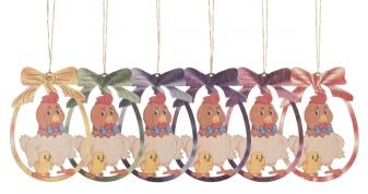 Strauchbehang – fröhliche Henne mit sechs bunten Küken, liebevoll gestaltet – BxHxT = 6 x 7 x 0,3 cm