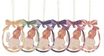 Strauchbehang – farbenfrohe Henne mit bemaltem Ei, traditionell und detailreich – BxHxT = 6 x 7 x