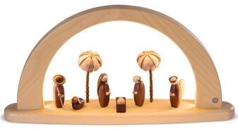 Lichterbogen – naturbelassen mit Figuren der Christi Geburt mit LED-Beleuchtung – BxHxT 49 x 26 x 9 