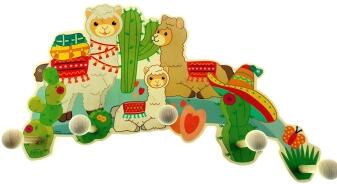 Kindergarderobe – mit farbenfrohem Lama-Motiv und fünf robusten Haken aus Holz – BxHxT 35 x 21 x 6,5