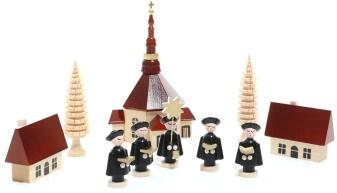 Weihnachtsfiguren - Seiffener Kirche ,Kurrendesänger mit Häuser und Bäume Hell - Hergestellt im