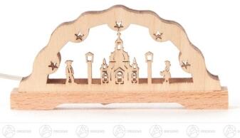 Miniatur-Schwibbogen – detailreiche Frauenkirche mit LED Beleuchtung, naturfarben – BxH = 7 x 3 cm