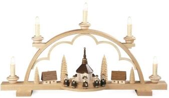 Schwibbogen – detailreiche Kurrende mit Seiffener Bergkirche naturbelassen und elektrisch beleuchtet