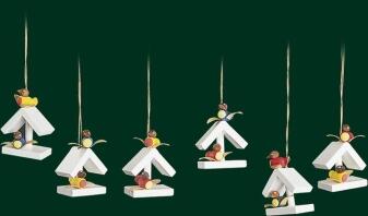 Christbaumschmuck – bunte Vogelhäuschen mit detailreichen Holzvögeln, handbemalt – H = 4 cm
