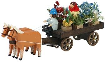 Miniaturgespann – detailreiches Pferdegespann mit Blumenverkäuferin und farbenfrohen Kornblumen,
