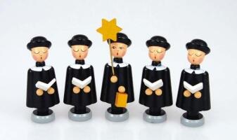 Miniaturfiguren – liebevoll bemalte Seiffener Kurrendesänger mit Buch und Stern, schwarz-bunt – H = 