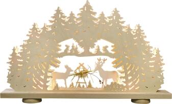 Lichterbogen aus Holz mit 10 Lichtern und Futterkrippe mit Naturheu, Waldszene mit Hirschen von