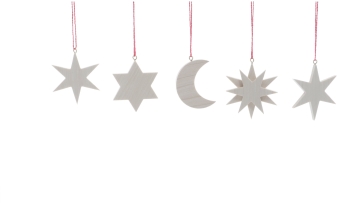 Christbaumschmuck - 4 verschiedene Sterne und der Mond in Natur zum Hängen - BxHxT 5x5x0,3cm