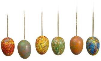 Strauchbehang – bunte, detailreich bemalte Ostereier aus Holz mit Aufhängeband – H = 3,5 cm