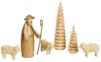 Miniaturfiguren – detailreicher Schäfer mit Schafen und Ringenbäumchen, naturbelassen – H = 6,5 cm