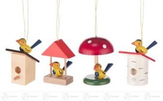 Ostern & Frühjahr Behang Vogelhäuschen (4) Höhe ca 5 cm aus Holz mit kleinen bunten Vögeln an vier