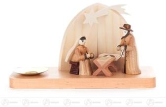 Kerzenhalter – detailreiche Weihnachtskrippe mit filigranen Figuren, naturfarben – für Kerzen Ø 14