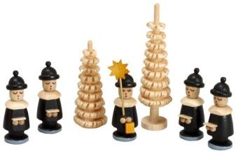 Miniaturfiguren Kurrende mit Sternträger und Ringelbäumen, schwarz lasiertes Holz aus dem Erzgebirge