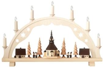 Schwibbogen – detailreiche Seiffener Kirche mit Häusern und Figuren, naturfarben, 7-fach beleuchtet 