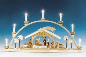 Schwibbogen – detailreiche Krippenszene mit Maria, Josef und Königen, naturfarben, elektrisch