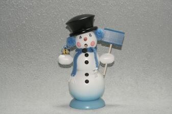 Räuchermann – fröhlicher Schneemann mit schwarzem Zylinder und blauer Schneeschippe – Größe 29 cm