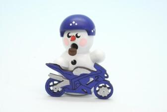 Räucherfigur – fröhlicher Schneemann Biker mit blauem Motorrad, handbemalt und detailreich – HxBxT =