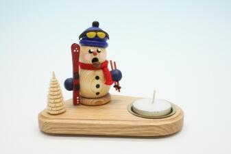 Kerzenhalter Schneemann auf Ski mit Teelicht und Rauchfunktion aus naturfarbenem Holz von