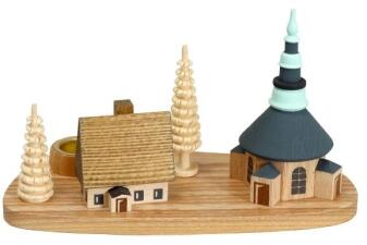 Kerzenhalter liebevoll gestaltete Seiffener Kirche mit Häuschen und zwei Ringelbäumen aus Holz,