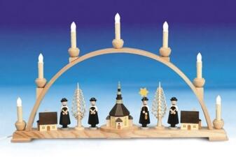 Schwibbogen – detailreiche Seiffener Kirche mit Kurrende-Sängern, Spanbäumen und Innenbeleuchtung,