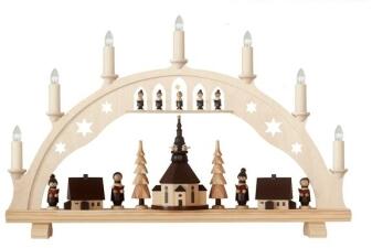 Schwibbogen – traditionelle Seiffener Kirche mit filigraner Kurrende, naturfarben, 7-fach beleuchtet