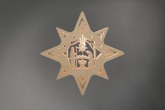 Fensterbild – filigraner Stern mit Darstellung der Geburt Christi und elektrischer Beleuchtung,