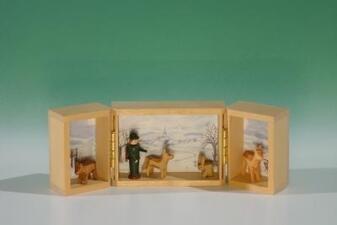 Miniatur – liebevolles Klappkästchen mit Jäger und idyllischer Seiffener Landschaft, naturfarben –