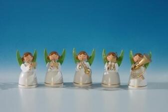 Miniatur – detailreiches Engelbläserquintett mit Instrumenten, blau-gold – HxB = 4,8 x 3 cm