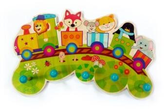 Garderobe – farbenfrohes Eisenbahn-Motiv mit Tieren und 5 Haken aus Holz von Hess Holz Spielzeug, 37