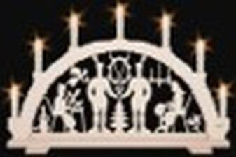 Schwibbogen – traditionelles Erzgebirgsmotiv mit Schnitzer und Klöppelfrau beleuchtet mit 7