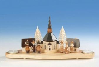 Kerzenständer – detailreiches Dorf mit Kurende, Laternenkindern und Teelichtern, naturfarben – BxHxT