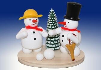 Räuchermann – charmantes Schneemannpaar mit Zylinder und Regenschirm, farbenfroh – BxHxT = 8 x 8.5 x
