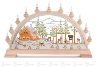 Schwibbogen mit Forsthaus und Rehen farbig, elektrisch beleuchtet aus Holz von Großhandel Dregeno,