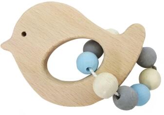 Babyspielzeug – liebevoll gestaltete Greifrassel in Vogel-Form in naturfarben und blau – BxHxT 9 x