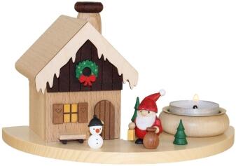 Räucherhaus – liebevoll gestalteter Weihnachtsmann mit fröhlichem Schneemann, bunt handbemalt –