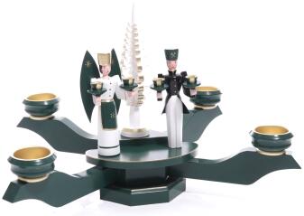 Adventsleuchter - Tischleuchter Grün mit Engel und Bergmann und Spanbaum Weiß/Gold - Ansicht 1-