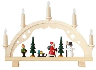 Schwibbogen – liebevoll gestalteter Weihnachtsmann mit Schneemann, Laternenkind und Schlitten, bunt 