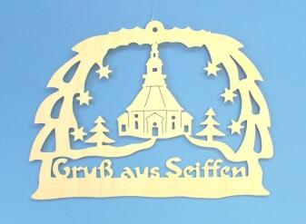 Fensterbild – detailreiches Dorf Seiffen mit Kirche, naturfarben – HxB = 17,5 x 15 cm