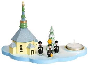 Kerzenhalter – liebevoll gestaltete Seiffener Kirche mit Kurrendefiguren farbig – Größe ca. 13 cm