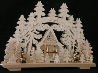 Schwibbogen – kunstvoll mit Engel, Bergmann und winterlicher Szenerie, naturfarben – warmweiße