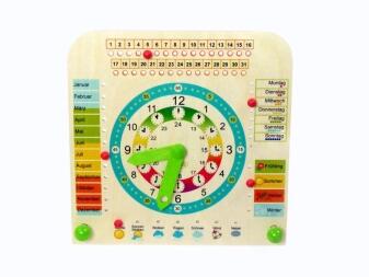 Lernuhr aus Holz mit buntem Kalender, Wochentagen und Jahreszeiten von Hess Holz Spielzeug, 25 cm,