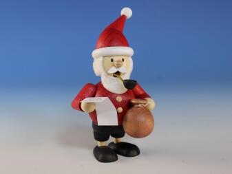 Räuchermann Weihnachtsmann mit Wunschzettel und rotem Mantel, handbemalte Holzfigur von