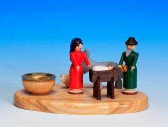 Kerzensockel Krippenszene mit Maria, Josef und Jesuskind, Esel und Schaf aus Holz, bunt handbemalt