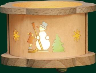 Teelichtlaterne – liebevoll gestalteter Schneemann mit Winterkind, farbig-transparente Motive –