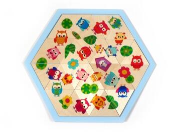 Holzspielzeug Legespiel mit bunten Eulenmotiven von Hess Holz Spielzeug, sechseckiges Puzzlebrett