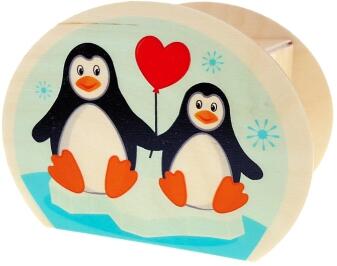 Spardose – fröhliche Pinguinemotive mit Schloss und Schlüssel aus Holz – BxHxT 6,5 x 8,5 x 11,5 cm