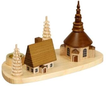 Kerzenhalter naturbelassene Seiffener Kirche mit Häuschen und Ringelbäumen aus Holz von Drechslerei