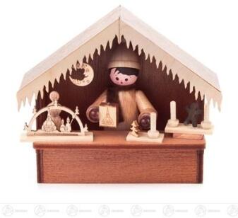 Miniaturbude – detailreicher Weihnachtsmarktstand mit verschneitem Dach, naturfarben – BxHxT = 9,5 x